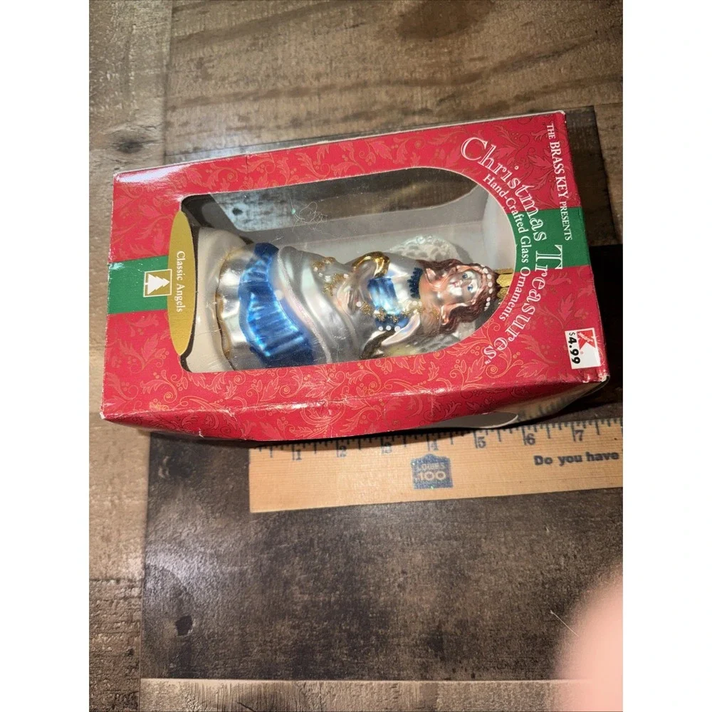 Vtg Brass Key Christmas Treasures Glass Angel Ornament Blue Gown Classic 2000
